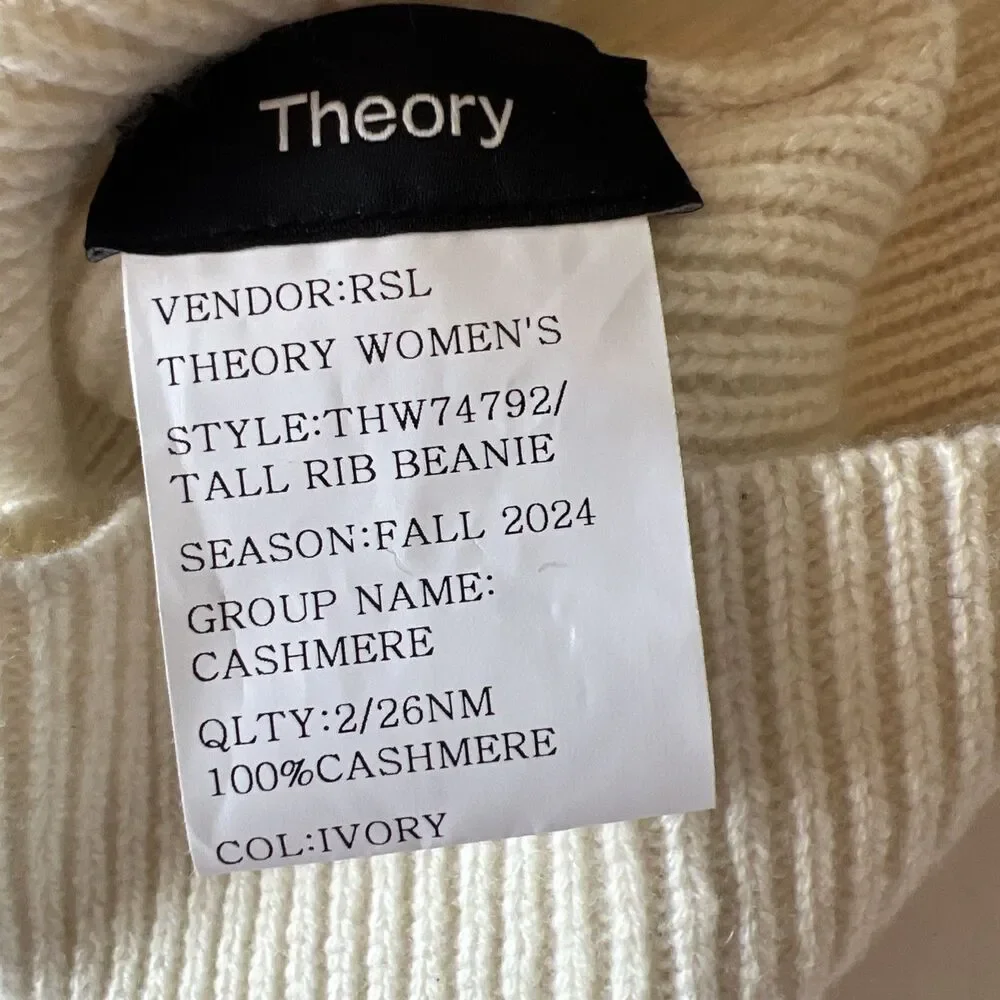 Theory 100% Cashmere Ribbed Beanie Hat Ivory One Size NWOT